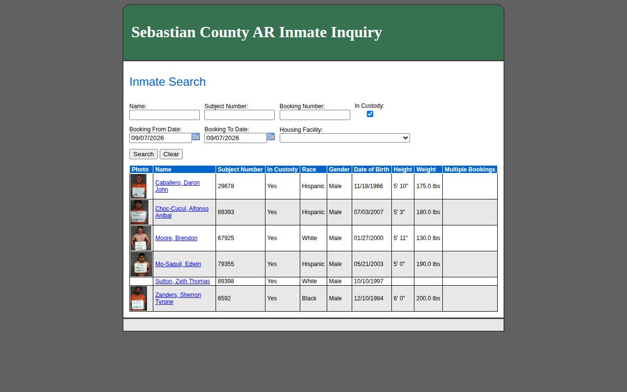 Sebastian County recent arrest Inmate Inquiry search portal
