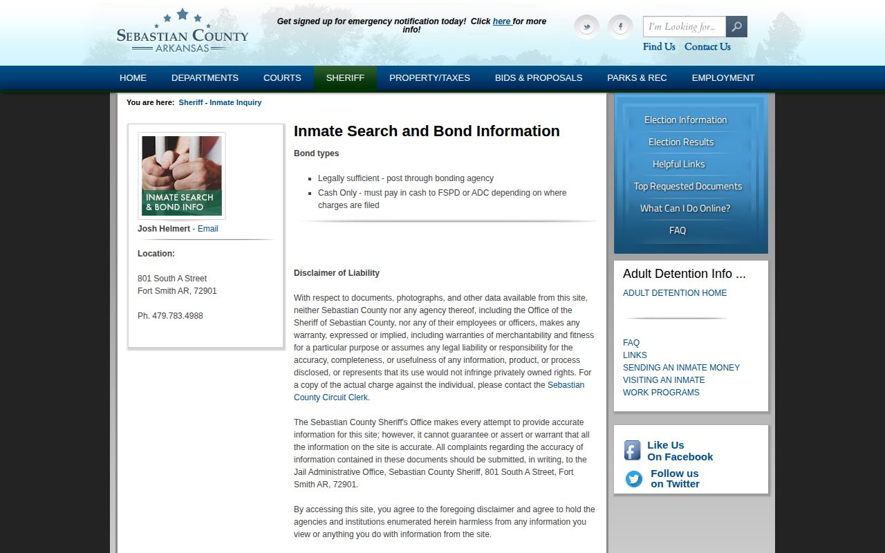 Official Sebastian County Inmate Inquiry landing page and disclaimer