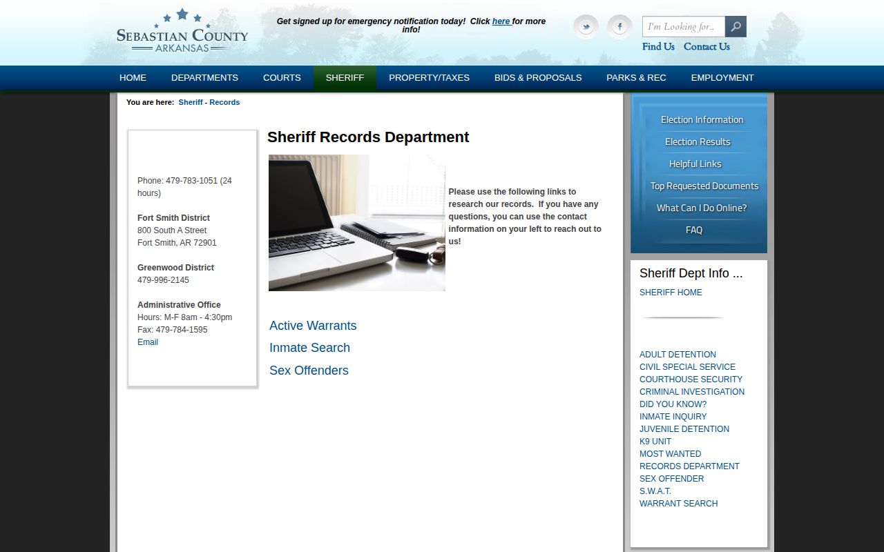 Sebastian County Sheriff arrest records information page