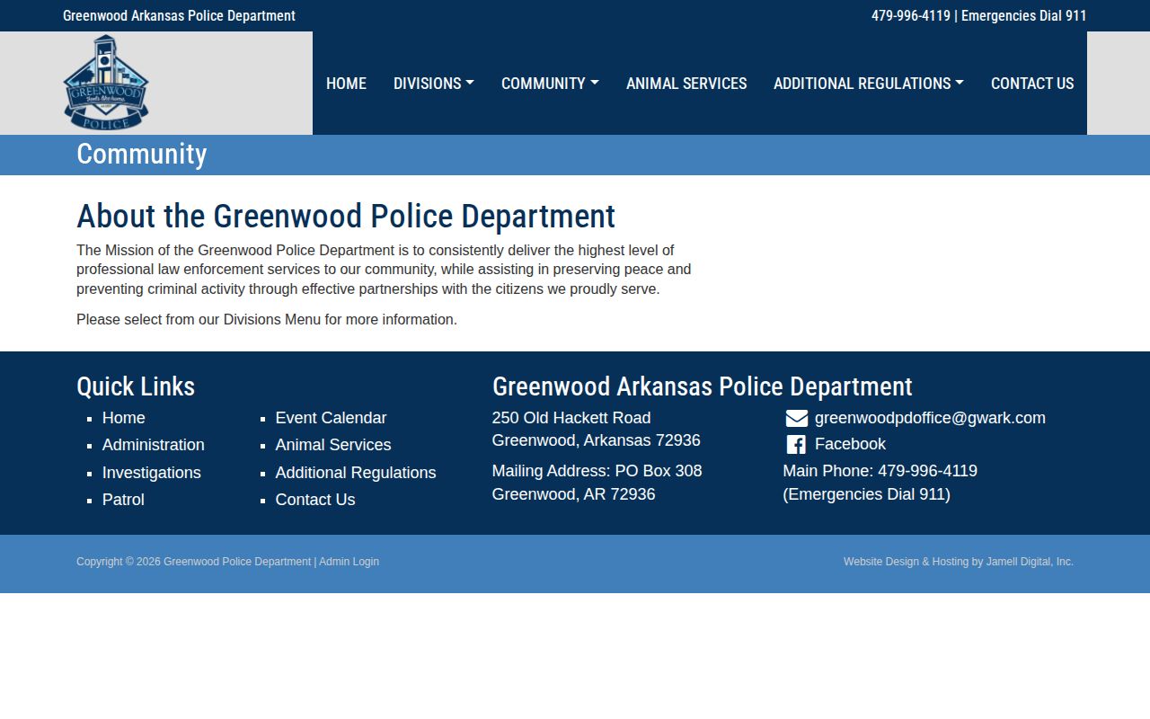 Greenwood Police Department community information page