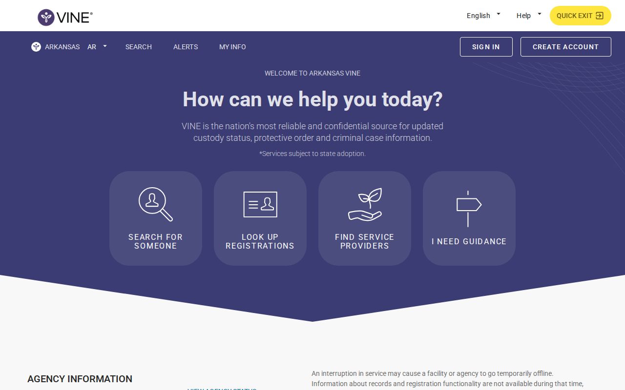 VINELink Arkansas custody search and registration interface