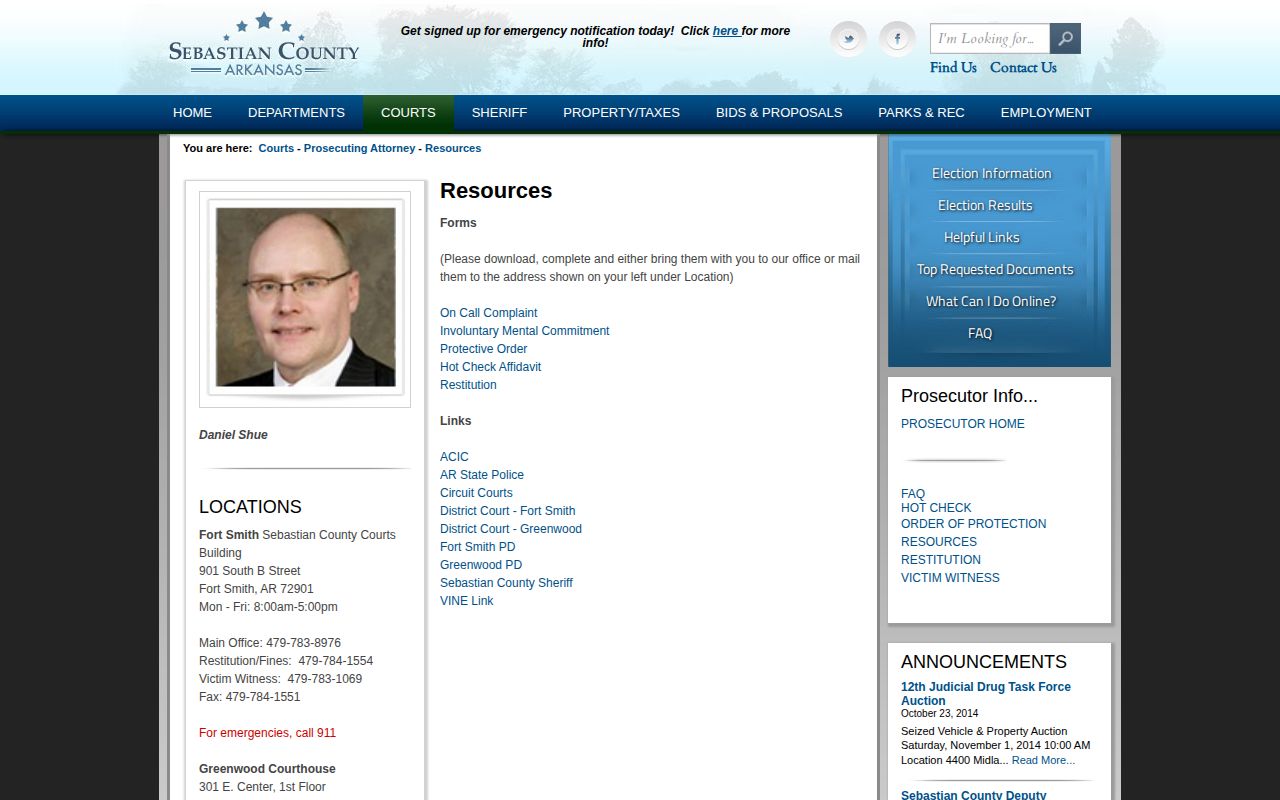 Sebastian County Prosecuting Attorney resource page linking to VINE